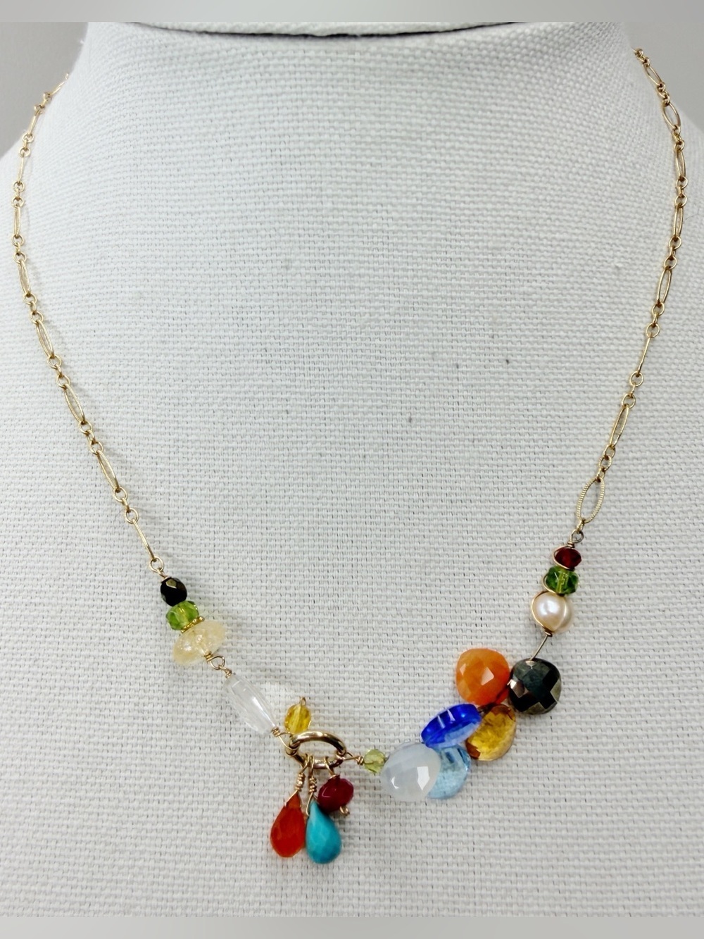 Anna Balkan Cluster Gemstone Necklace Pearl Topaz Carnelian Citrine Peridot Boho